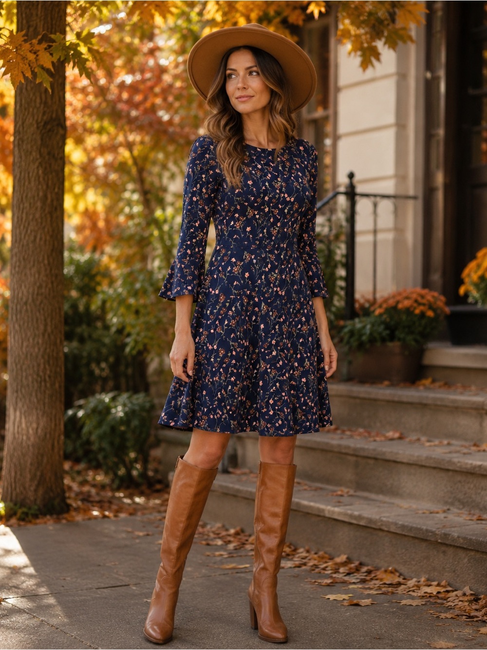 Kaleigh Navy Floral 3/4 Sleeve Fit & Flare Stretch Dress Size Large